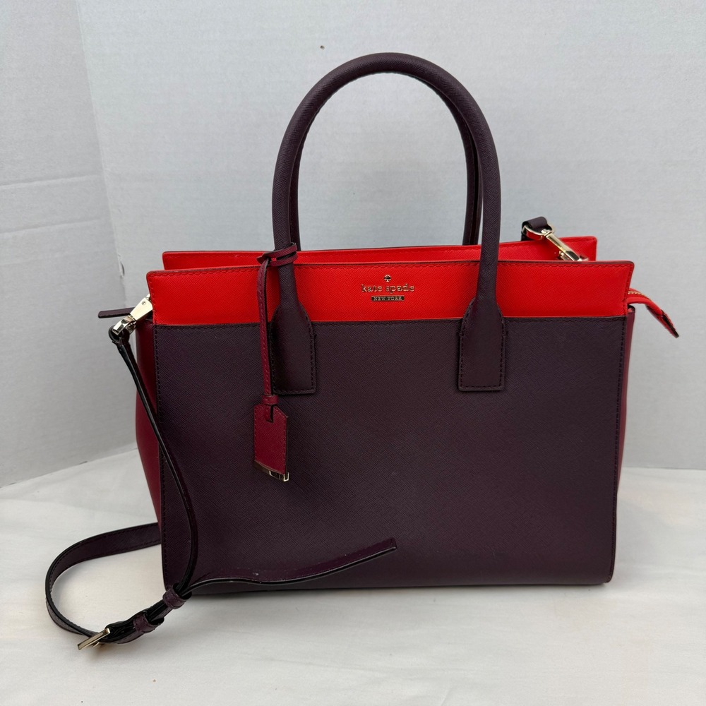 Kate Spade New York Saffiano Leather Satchel Colorblock Plum Red Crossbody Bag - Picture 2 of 11